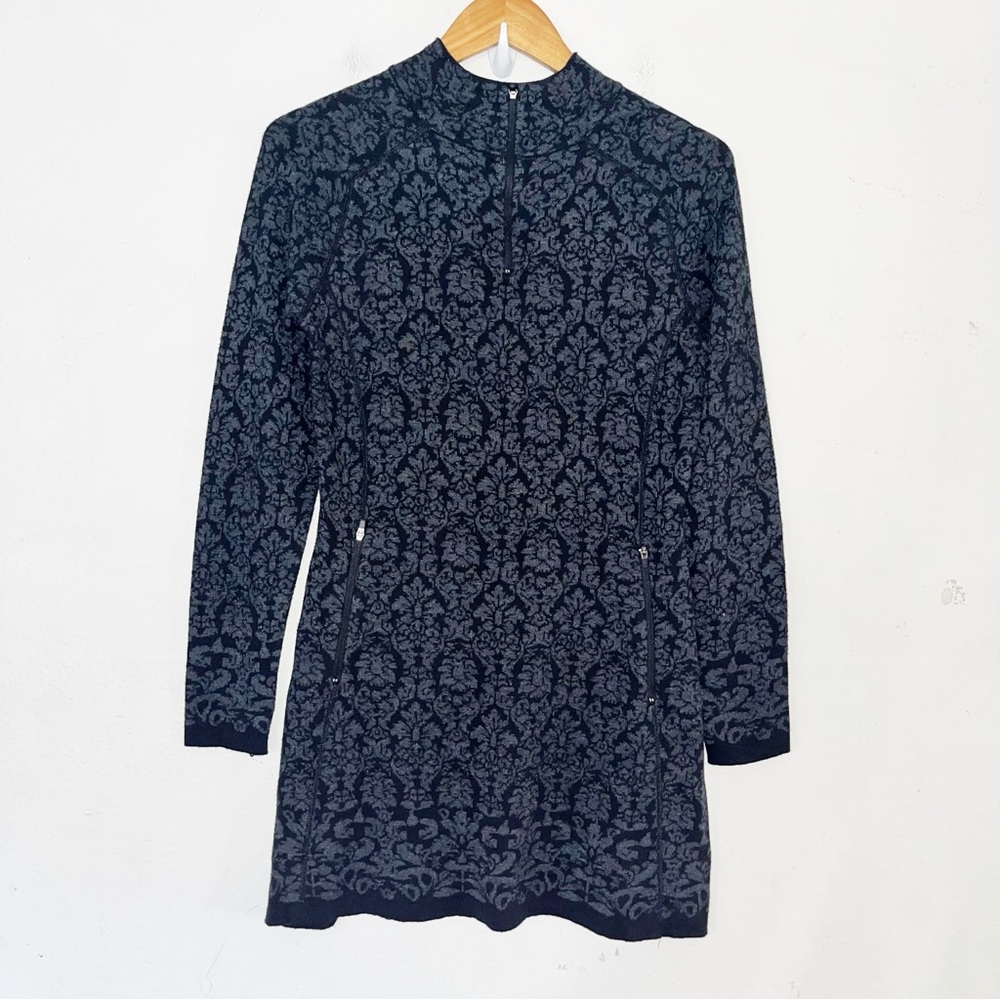 Dakini Black Gray Printed Sweater Dress Sz S 1/4 Zip Mock Neck Long Sleeve